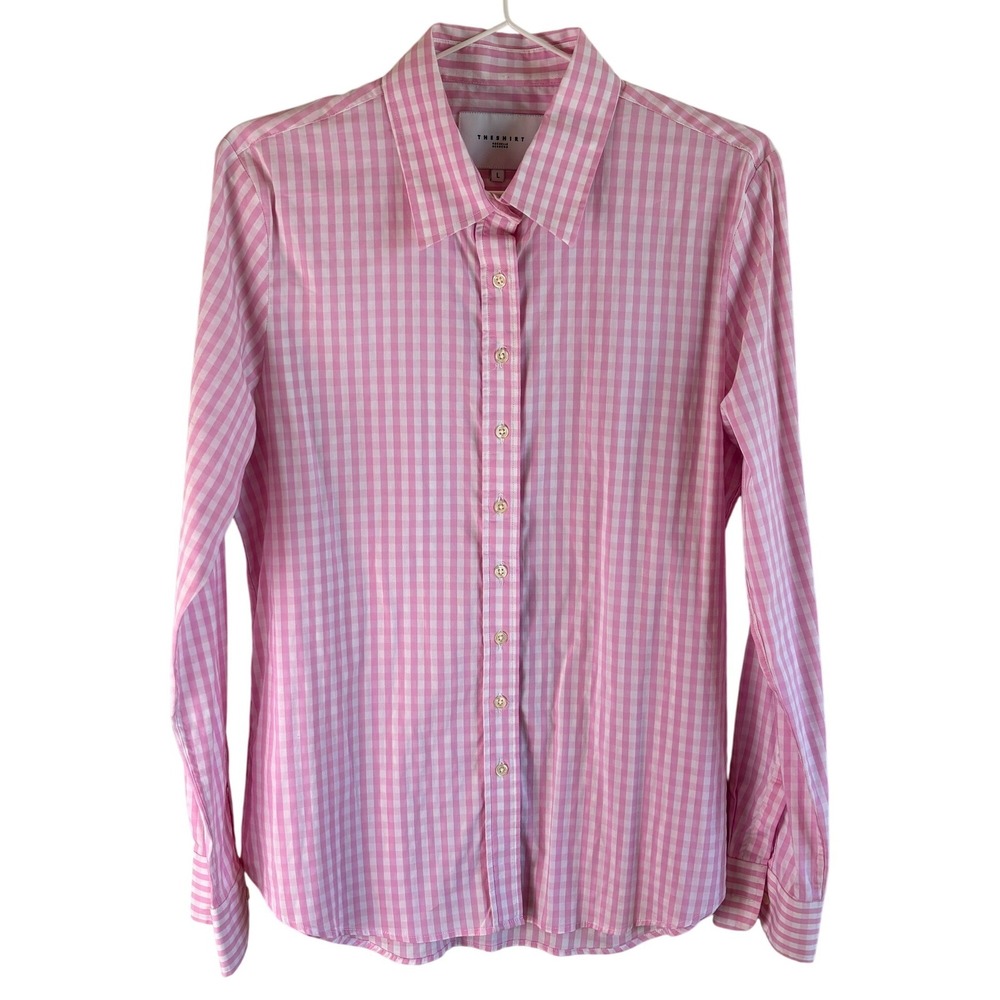 The Shirt Rochelle Behrens Pink Gingham Button Down Women Size L Stretch Cotton